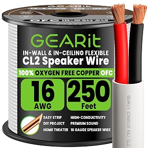 gearit 16 gauge cl2 ofc speaker wire gearit pro series 16awg 250 feet  762 meterswhite oxygen free copper ul cl2 rated in-wall speaker wire cable for home theater car audio and outdoor use