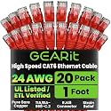 GEARit Cat6 Patch Cables 1 Foot Red Cat 6 Ethernet Cable 20-Pack