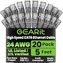 GEARit Cat6 Patch Cables 5ft Cat 6 Ethernet Cable 20-Pack Gray