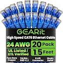 GEARit Cat6 Patch Cables Cat 6 Ethernet Cable 1.5 ft 20-Pack Blue