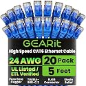 GEARit Cat6 Patch Cables 5ft Cat 6 Ethernet Cable 20-Pack Blue