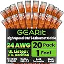 GEARit Cat6 Patch Cables Cat 6 Ethernet Cable 1 ft 20-Pack Orange