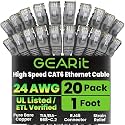 GEARit Cat6 Patch Cables 1 Foot Gray Cat 6 Ethernet Cable 20-Pack