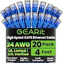GEARit Cat6 Patch Cables Cat 6 Ethernet Cable 4 ft 20-Pack Blue