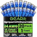 GEARit Cat6 Patch Cables 1 Foot Blue Cat 6 Ethernet Cable 20-Pack