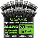 GEARit Cat6 Patch Cables 5ft Cat 6 Ethernet Cable 20-Pack Black