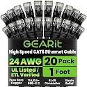 GEARit Cat6 Patch Cables Cat 6 Ethernet Cable 1 ft 20-Pack Black