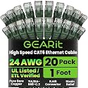 GEARit Cat6 Patch Cables 1 Foot Green Cat 6 Ethernet Cable 20-Pack