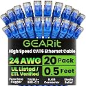 GEARit Cat6 Patch Cables Cat 6 Ethernet Cable 0.5 ft 20-Pack Blue
