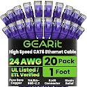 GEARit Cat6 Patch Cables 1 Foot Purple Cat 6 Ethernet Cable 20-Pack