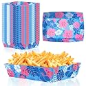 Geefuun 50pcs Hawaiian Luau Party Decorations - Blue Cartoon Hibiscus Flower Paper Food Trays for Summer Birthday, Aloha Themed Disposable Serving Supplies