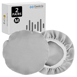 geekria 2 pairs flex fabric headphones ear covers - product safety certified - washable amp stretchable earcup protectors for over-ear headsets sweat pads for gym gaming size mgrey