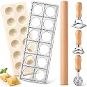 Geetery 5 Pcs Ravioli Mold Set 2 Inch Square Ravioli Maker Cutter Kit with 12-Hole Raviolis Press 3 Pasta Cutter Stamps Wooden Rolling Pin Pasta Making Tool for Homemade Raviolis Home Restaurant Use
