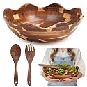 Geiserailie 15 Inches Scalloped Acacia Wood Salad Bowl Set, Serving Bowl