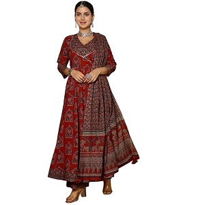 Gekha Womens Red Cotton Printed Flared Kurta