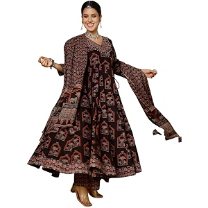 Gekha Womens Red Cotton Printed Flared Kurta