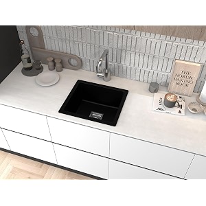 gem quartz kitchen sink 16x18x9 inches black color with waste coupling amp waste pipe  sound proof single big bowl matt finish modern granite sink for kitchen basin