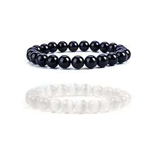 8mm natural healing crystals bracelets for men women beaded bracelets 2pcs black obsidian amp white agate