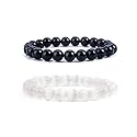 8MM Natural Healing Crystals Bracelets for Men Women Beaded Bracelets 2PCS (Black Obsidian &amp; White Agate)