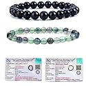 8MM Natural Healing Crystals Bracelets for Men Women Beaded Bracelets 2PCS (Black Obsidian &amp; Flourite)