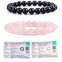 8MM Natural Healing Crystals Bracelets for Men Women Beaded Bracelets 2PCS (Black Obsidian &amp; Rose Quartz)