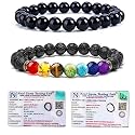 8MM Natural Healing Crystals Bracelets for Men Women Beaded Bracelets 2PCS (Black Obsidian &amp; 7 chakra)