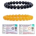 8MM Natural Healing Crystals Bracelets for Men Women Beaded Bracelets 2PCS (Black Obsidian &amp; Yellow Sapphire)