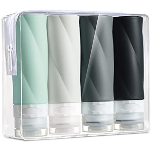 gemice travel bottles for toiletries 3oz tsa approved travel size containers bpa free leak proof travel tubes refillable liquid travel accessories with clear toiletry bag 4 pack