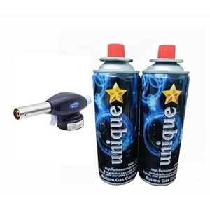 automatic camping gas torch blowtorch with 2 butane gas canisters  adjustable welding amp cooking flame gun  refillable portable butane torch  black