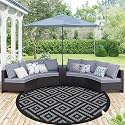 GENIMO 6' Round Outdoor Rug for Patios Clearance, Reversible Plastic Straw Rugs, RV Camping Mat for Camper, Balcony, Backyard, Picnic, Deck, Black & Gray