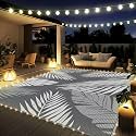 GENIMO Outdoor Rug 5' x 8' Waterproof for Patios Clearance, Reversible Outdoor Plastic Straw Camping Rug Carpet with LED String Light, Area Rugs Mats for RV, Camper, Deck, Balcony, Porch, Grey&White