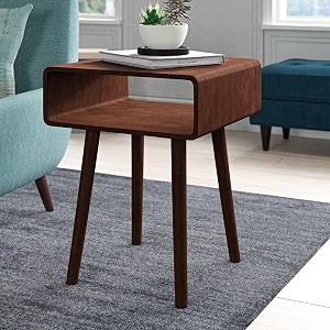 genuine decor mid-century modern wooden side table with open storage shelf  bedside nightstand for living room  bedroom  solid wood end table  natural finish