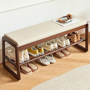 genuine decor mid-century modern sheesham wood entryway storage bench with white cushion - 2-tier storage and seating for dining room living room or bedroom 395inch