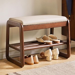 genuine decor solid wood shoe bench with cushion 2-tier shoe rack for entryway mid-century modern white wooden bench for bedroom living room or dining room  216534