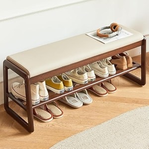 genuine decor solid wood shoe bench with cushion 2-tier shoe rack for entryway mid-century modern white wooden bench for bedroom living room or dining room  216534