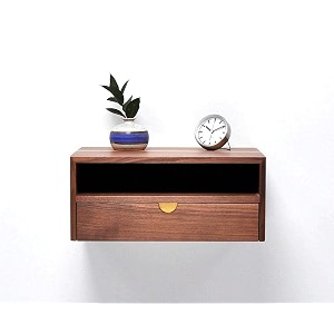 genuine decor floating nightstand with drawer  wall-mounted bedside table in solid walnut wood  modern minimalist floating shelf for bedroom mid-century style