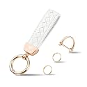 Hamdecro Genuine Leather Car Keychain, Handmade Knit Sheepskin Key chains for Women, Universal Key Fob Holder with 360 Degree Rotatable, Anti-Lost D-Ring, 2 Keyrings and 1 Screwdriver – White