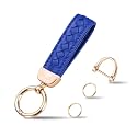 Hamdecro Genuine Leather Car Keychain, Handmade Knit Sheepskin Key chains for Women, Universal Key Fob Holder with 360 Degree Rotatable, Anti-Lost D-Ring, 2 Keyrings and 1 Screwdriver – Blue