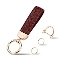 Hamdecro Genuine Leather Car Keychain, Handmade Knit Sheepskin Key chains for Women, Universal Key Fob Holder with 360 Degree Rotatable, Anti-Lost D-Ring, 2 Keyrings and 1 Screwdriver – Wine Red