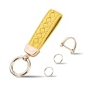 Hamdecro Genuine Leather Keychains, Handmade Knit Sheepskin Car Key chains for Women, Universal Key Fob Holder with 360 Degree Rotatable, Anti-Lost D-Ring, 2 Keyrings and 1 Screwdriver-Yellow