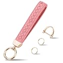 Hamdecro Genuine Leather Car Keychain, Handmade Knit Sheepskin Key chains for Women, Universal Key Fob Holder with 360 Degree Rotatable, Anti-Lost D-Ring, 2 Keyrings and 1 Screwdriver, Pink