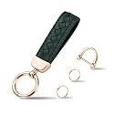 Hamdecro Genuine Leather Keychains, Handmade Knit Sheepskin Car Key chains for Women, Universal Key Fob Holder with 360 Degree Rotatable, Anti-Lost D-Ring, 2 Keyrings and 1 Screwdriver – Green