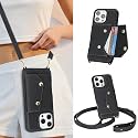 Genuine Leather Wallet Case for iPhone 16 Pro Max with Strap,6.9",Black