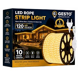 gesto 10 meter warm white led rope strip light  120 ledsmtr ip65 waterproof indoor amp outdoor lights for balcony home decor amp cove light for false ceiling  cuttable every 1m for diwali decoration
