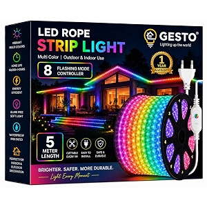 gesto 5 meter multicolor led rope strip light  ip65 waterproof indoor amp outdoor lights for balcony home decor amp cove light for ceiling  8 flashing modes rgb strip light for diwali decoration