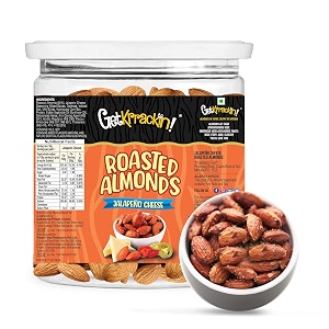 getkrrackin jalapeno cheese almond nuts - 200g jar  roasted spicy masala badam  zero oil not fried  100 californian almonds  ready to eat snacks  rich in protein and dietary fiber