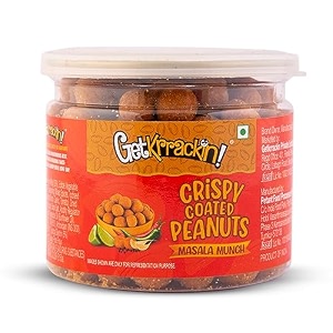 getkrrackin masala peanuts - 200g jar  spicy crunchy coated nuts  roasted moongfali  salted namkeen snack  singdana mungfali chakna  ready to eat snacks  rich in protein amp fiber