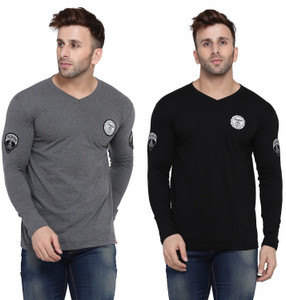 GEUM Solid Men V Neck Black Grey
