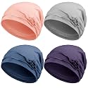Geyoga 4 Pcs Chemo Turban Headwear for Women Soft Slouchy Cancer Headwear Elastic Sleep Cap with Flower Design