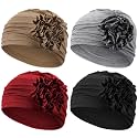Geyoga 4 Pcs Chemo Turban Headwear for Women Soft Slouchy Cancer Headwear Elastic Sleep Cap with Flower Design